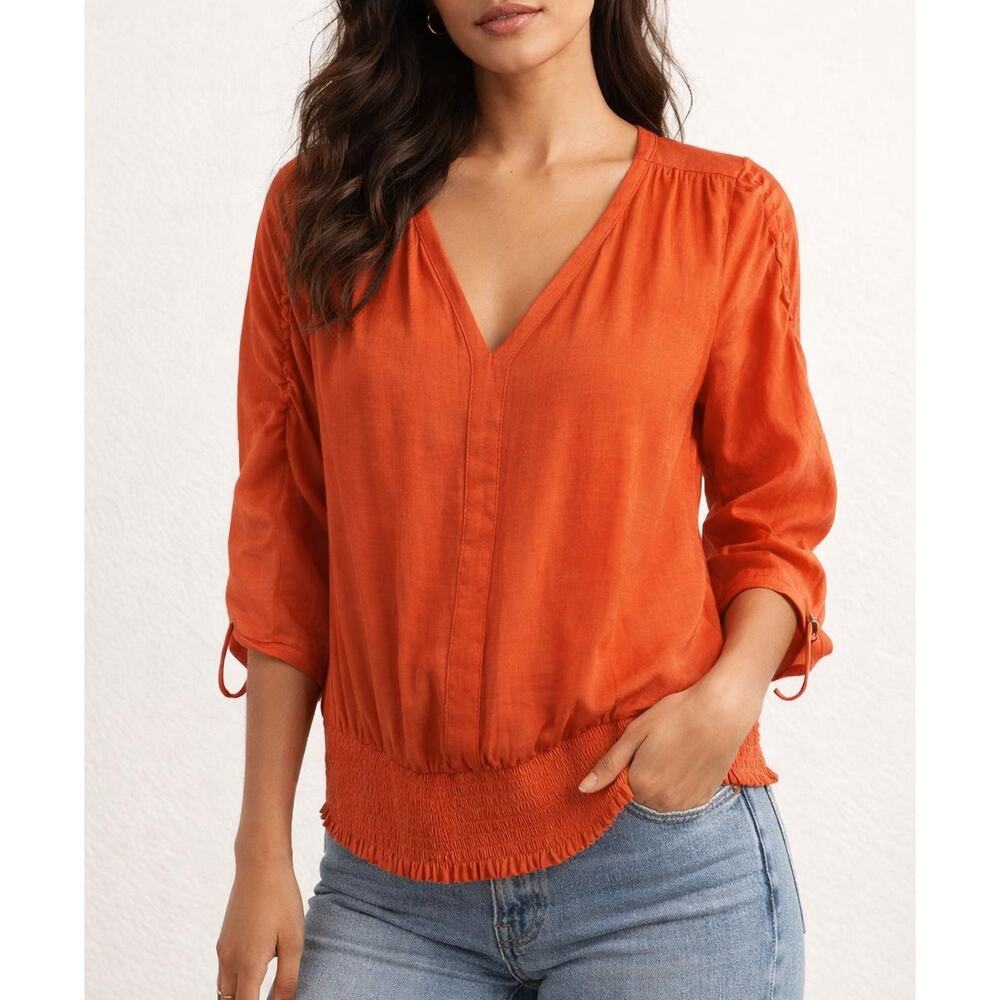 Philosophy Satin V Neck 3/4 Sleeve Smocked Waist Blouse Orange Medium